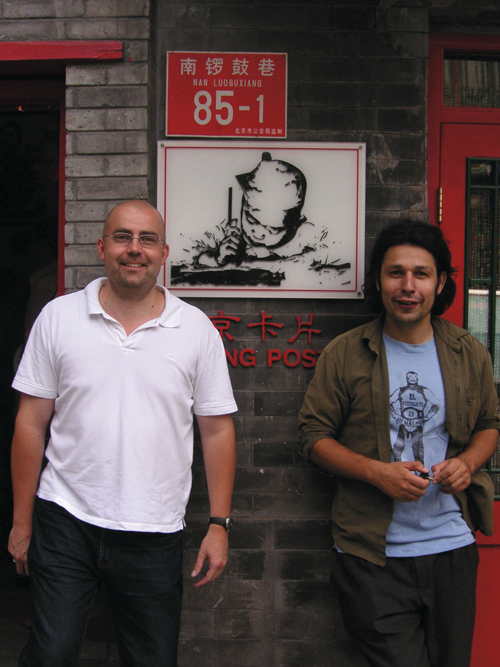 Simon Gjeroe (left) and Lars Thom (right) at their Beijing Postcards shop in Nanluogu Xiang