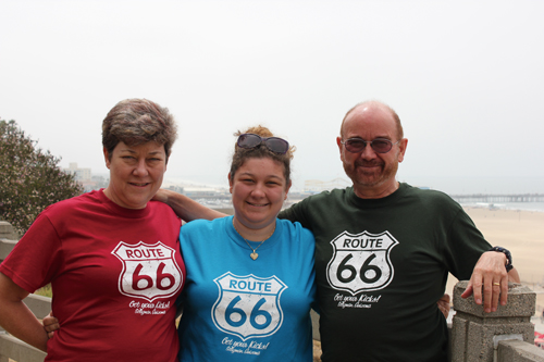 The Lindsays (complete with matching gear) at their final destination in Santa Monica, California