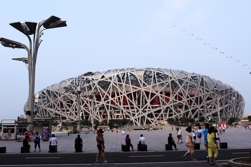 Sightseers gaze in on the Bird's Nest