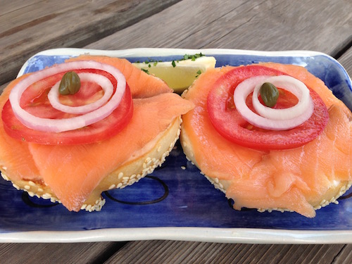 Smoked salmon and cream cheese on sesame bagels