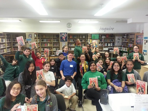 Students from Brooklyn Prospect Charter School with Compestine's book, Secrets of the Terra-Cotta Warrior
