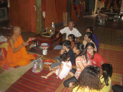 Listening to stories at a temple