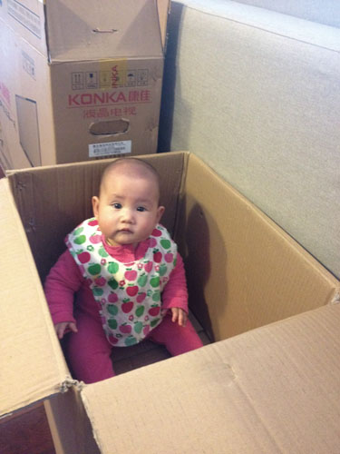 Penny Barlow (then 9 months) playing in some moving boxes