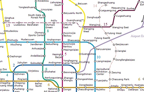 The first phase of Line 14 (faint purple dotted line at right) will open from Shangezhuang in the north to Jintai Lu to the south in December.