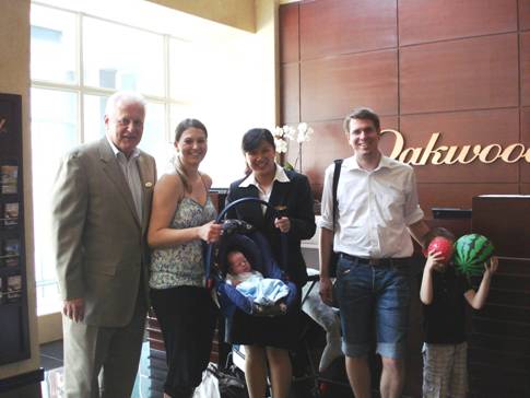 Art Krieger (GM of Oakwood Apartments), Maris Wehebrink (mother), baby Luca, Tracy Cui, Alexander Wehebrink (father) and Yannes Wehebrink (son)