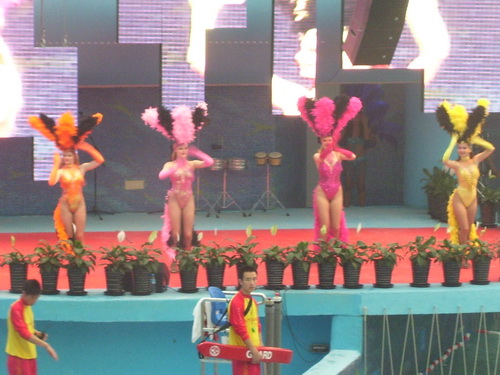 Nothing says 'water park' like Vegas showgirls. Photo by Lauren McCarthy