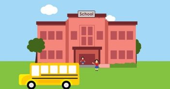 Cartoon of a school with a school bus and kids