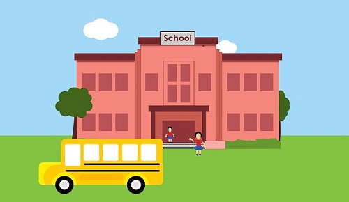 Cartoon of a school with a school bus and kids